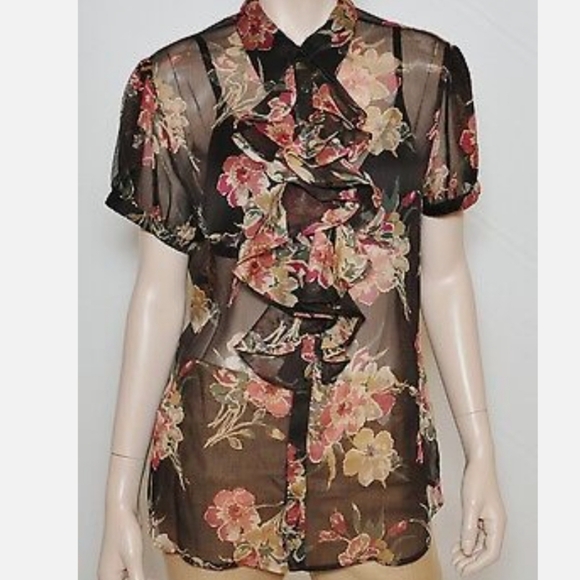 Ralph Lauren Sheer Ruffle Blouse Brown Floral Size Medium - Picture 1 of 9